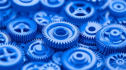 Close-up of numerous interlocking blue gears