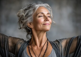Elderly yoga instructor guides a class with gentle movements and a calming presence in a peaceful studio setting