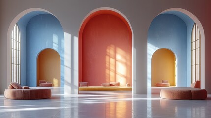Modern Minimalist Interior with Colorful Arches and Soft Seating