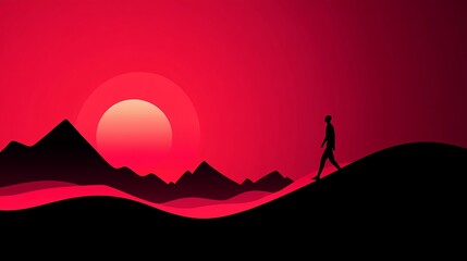 Fototapeta premium Silhouette of a person walks along a dark ridge against a gradient red sky with mountainous shapes and a rising sun.
