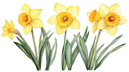 daffodils flowers illustration watercolor style on white background