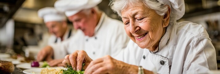 Elderly chefs create meals for the homeless, showcasing community spirit and culinary talent in a warm kitchen