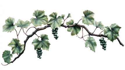 Green Grapevine Branch with Leaves and Unripe Grapes on White Background