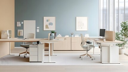 Modern, minimalist office space with light-colored furniture.