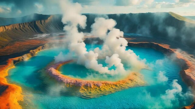 Overhead shot of a caldera alongside a geothermal area containing hot springs.