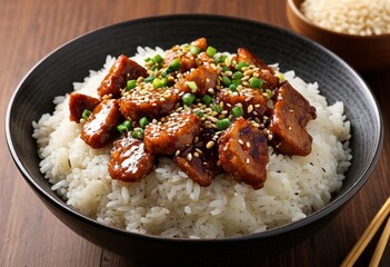 There is a bowl of rice topped with meat and peas