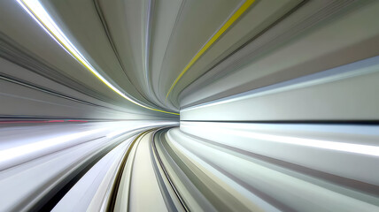 High-speed train racing through a tunnel, light and shadow intertwined, showcasing the speed and power of future technology