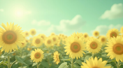 Fototapeta premium Vibrant sunflowers bloom in sunny field, showcasing their bright yellow petals against clear blue sky, evoking sense of joy and warmth