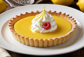 It has a lemon pie topped with whipped cream and raspberries