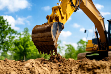 Heavy-duty excavator engages in trench digging under a clear blue sky at a construction site