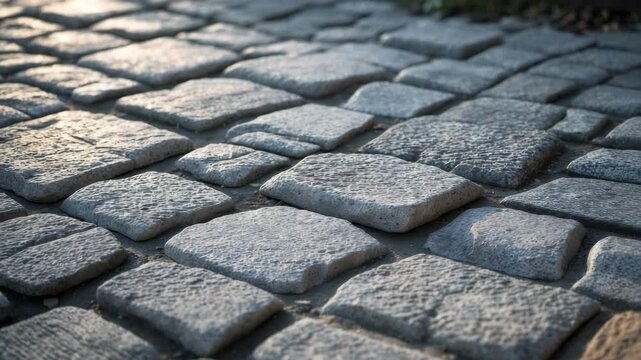 Abstract background highlighting old cobblestones in a top-down view. Paving slabs texture. Vintage stone sidewalk illuminated unevenly. Cobblestone texture. Large gray stones