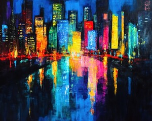 Vibrant Colorful Night Cityscape Painting