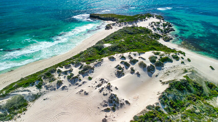 Obraz premium Aerial view of Sandy Cape Reserve near Jurien Bay, Western Australia, featuring pristine beaches and dunes