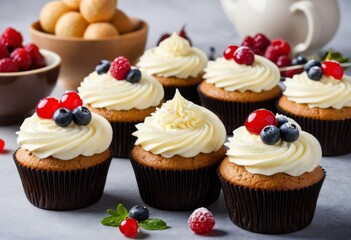 Cupcakes topped with cream frosting and berries