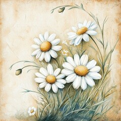 Obraz premium Elegant floral artwork blending the soft hues of chamomile and daisy in a vintage watercolor technique.