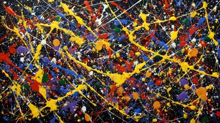 Abstract Expressionist Splatter Painting: Vibrant Hues on Black Canvas