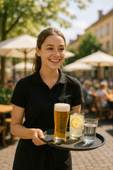 Serveuse souriante en terrasse servant des boissons fraîches un jour d’été, ambiance conviviale et ensoleillée dans un café urbain animé