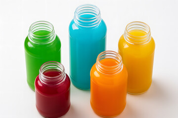Assortment of Colorful Juices in Glass Bottles