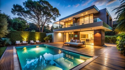 Fototapeta premium Modern House Poolside Night Photography: Illuminated Luxury Villa with Trees & Outdoor Seating