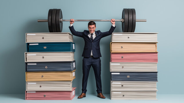 Geschäftsmann hebt schwere Aktenordner als Hantel. Symbol für Büroarbeit und Belastung. Künstliche Intelligenz KI