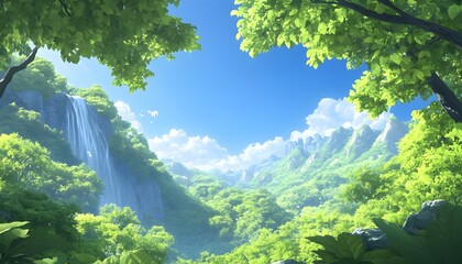 Lush green valley with cascading waterfall under a vibrant blue sky, viewed through leafy trees