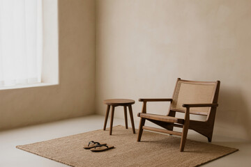 Minimalist room with wooden chair, woven rug, neutral tones, natural light, Scandinavian design, simple furniture, peaceful ambiance, beige walls, serene modern interior