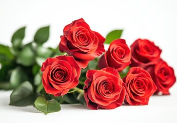 Fototapeta premium Beautiful Red Roses in Full Bloom with Green Leaves on White Background for Romantic or Floral Themed Projects and Designs