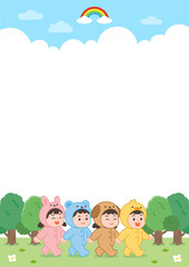 Cute Kids Walking in Forest – Kindergarten Frame Template