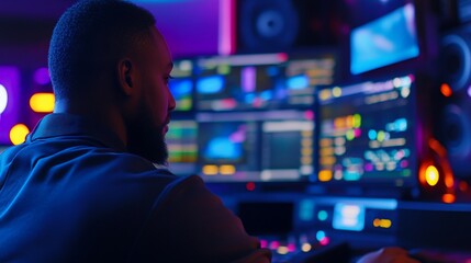 Intense focus, audio engineer mastering music in neon-lit recording studio
