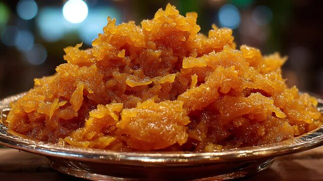 Golden Sweet Delight: A close-up shot of a beautifully arranged halva dessert on a decorative silver plate, revealing its rich texture and inviting golden hue.