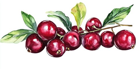 A vibrant watercolor illustration featuring fresh ripe cranberries.