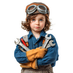 Young child dressed as a mechanic, holding wrenches, and wearing aviator goggles on a black background.