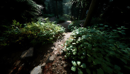Narrow Forest Trail Winding Through Lush Green Vegetation Under Soft, Diffused Light, Capturing a Tranquil Scene of Nature's Path and the Serene Atmosphere of a Quiet Woodland Journey