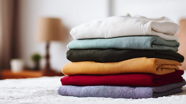 A Pile of Colorful Clothes: A stack of neatly folded, vibrantly colored garments arranged on a bed, evoking a sense of domestic comfort and simple living. 