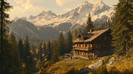 Cozy wooden cabin in the mountains under a sunset sky