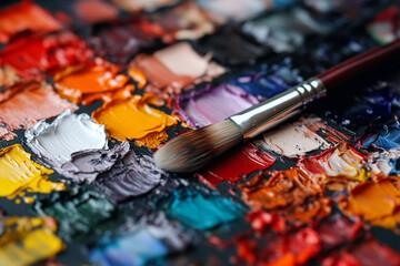 Fototapeta premium Close-up view of a small brush resting beside a vibrant color palette showcasing a variety of paint textures