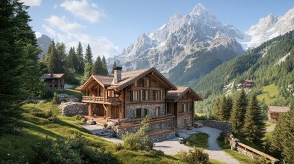 Fototapeta premium Cozy Mountain Chalet Surrounded by Majestic Trees and Peaks