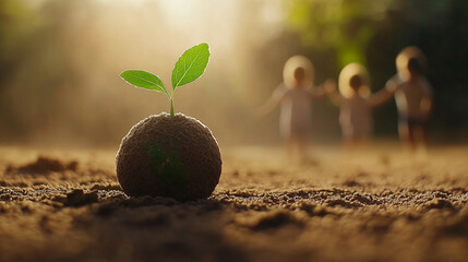 A small earth ball with a green sprout on soil, with children blurred in the background, symbolizing future growth.