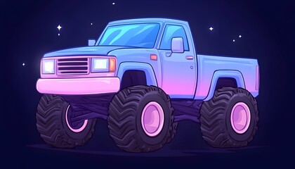 Pastel-colored monster truck against a dark starry background