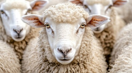 Fototapeta premium Close-Up of Curious Sheep with Fluffy Wool in a Flock Setting