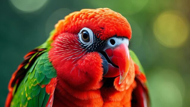 An intimate portrait of a chattering lorikeet, perched and looking down.