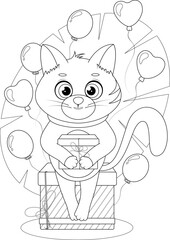 Birthday cat with gift and balloons. Coloring page for kids