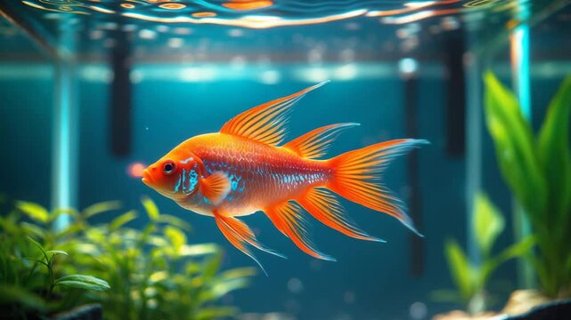 A bright orange, expectant swordtail swims gracefully in an aquarium.