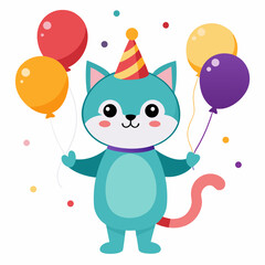 Cute Birthday Party Cat with Balloons Cartoon Vector Illustration