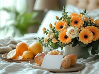 Cozy Breakfast in Bed with Flowers and a Note