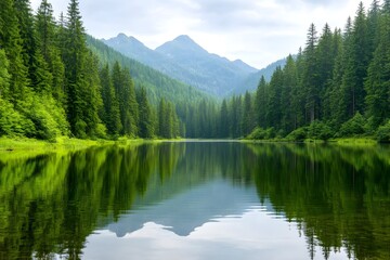 Serene mountain lake reflecting lush evergreen forest