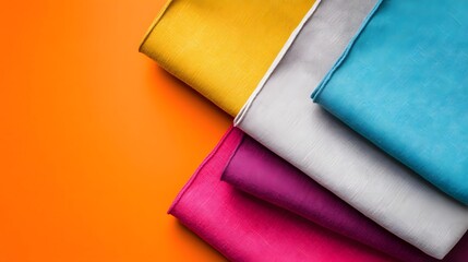 Colorful fabric swatches stacked on an orange background.