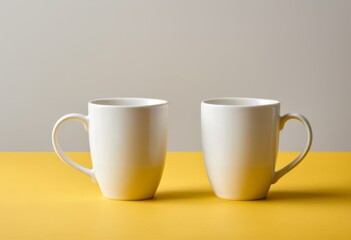 Two white coffee cups sit on a yellow table
