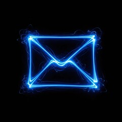 A radiant, electric blue outline of a classic mail envelope glows against a stark black background.