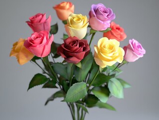 Fototapeta premium Colorful Bouquet of Roses with Vibrant Blooms and Green Leaves Highlighting Beauty and Freshness of Nature in a Soft Background